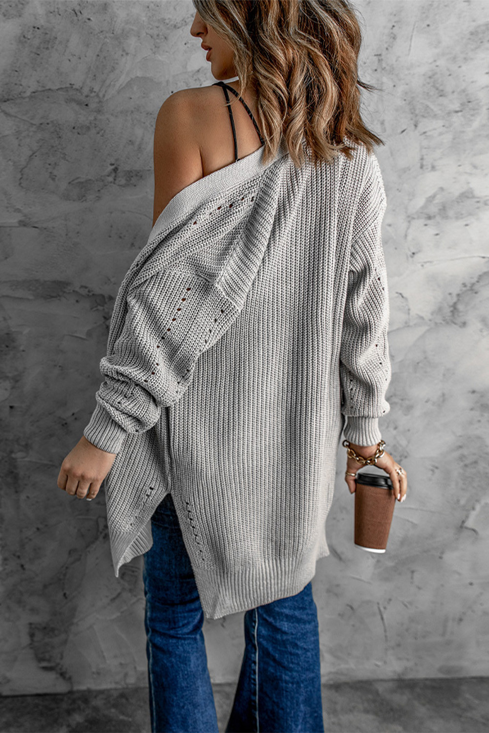 Drop Sleeve Cable Knit Cardigan with Slits LC271064