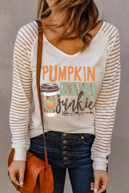 白色 Pumpkin Spice Junkie 图案印花透明条纹长袖上衣