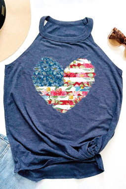 蓝色美国国旗花卉心形印花短袖 T 恤