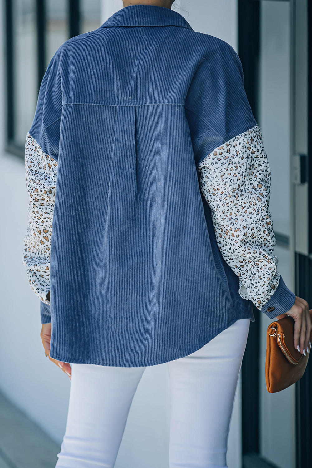 蓝色时尚流行豹纹拼接灯芯绒纽扣衬衫夹克 LC8511519