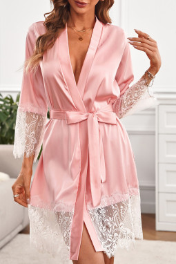 粉色奢华蕾丝装饰缎布拼接缎面绑腰长袍