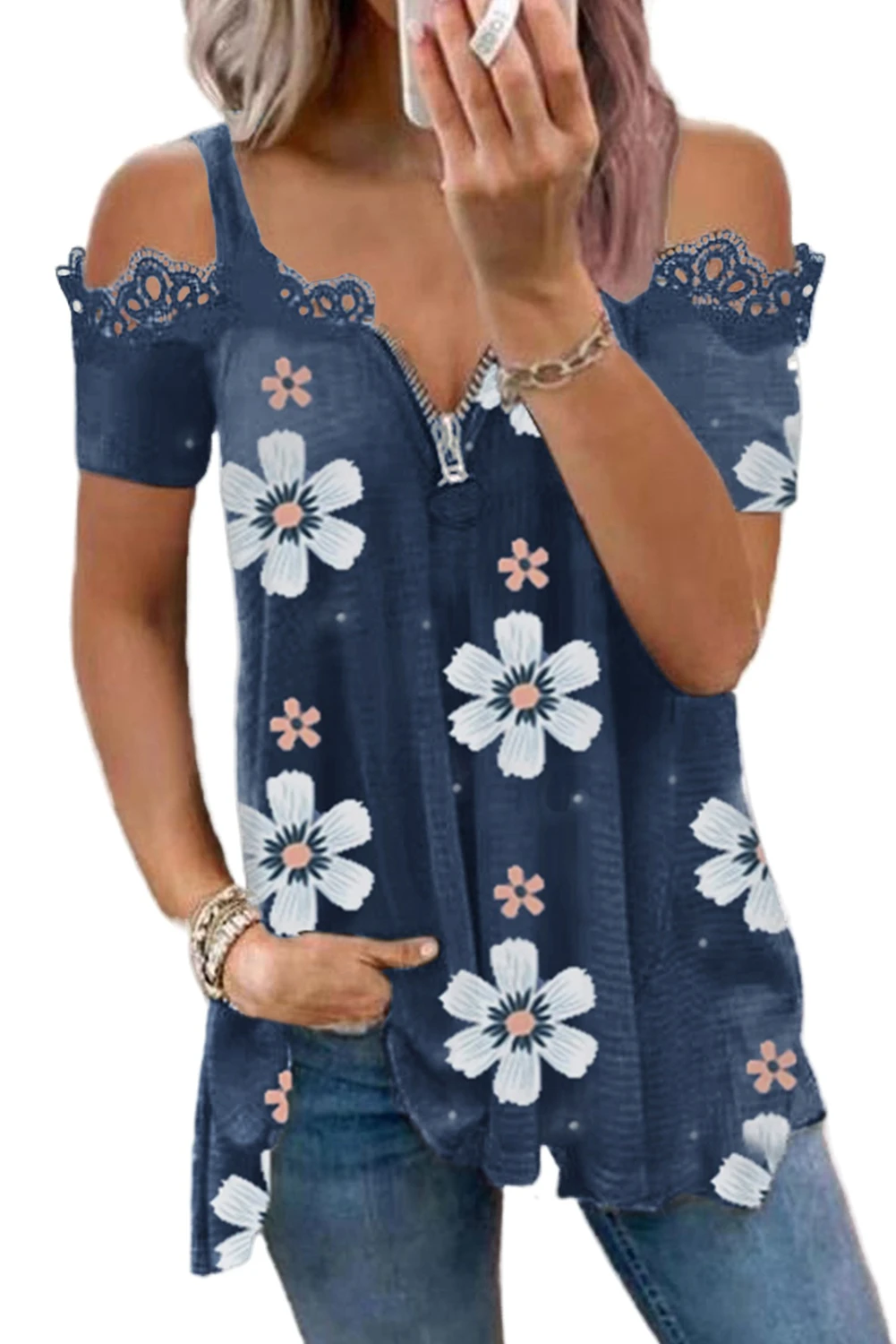 蓝色花卉印花蕾丝撞色拉链冷肩 T 恤 LC2518849