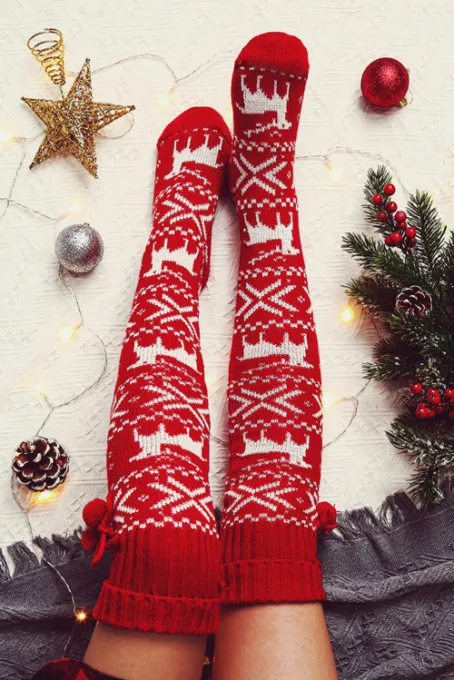 红色圣诞图案针织过膝长袜