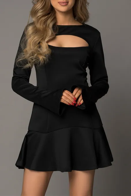 黑色时尚性感镂空荷叶边喇叭袖迷你连衣裙