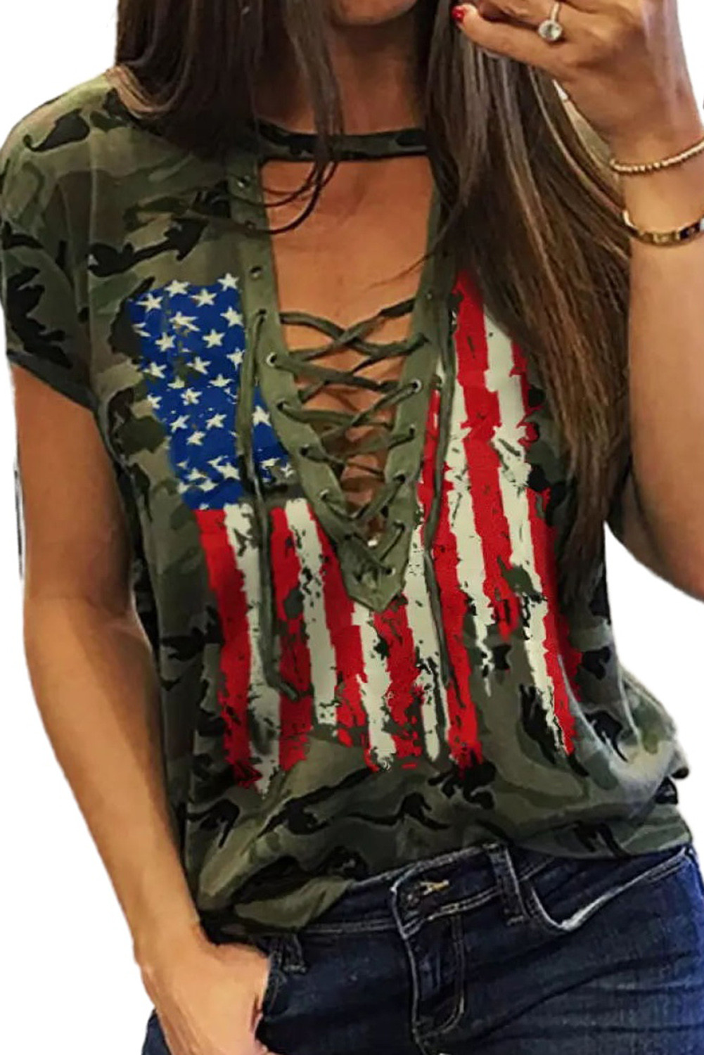 绿色迷彩美国国旗印花系带 T 恤 LC25215818