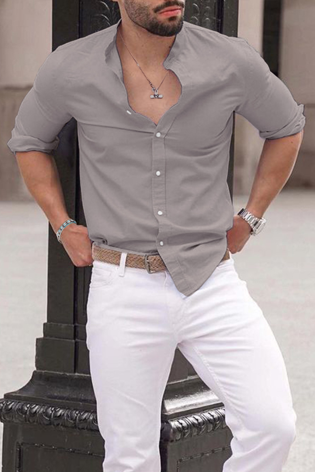 灰色纯色系扣长袖男式衬衫 MC255547