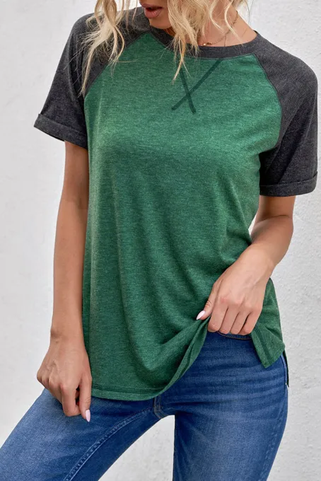 休闲拼色插肩短袖圆领绿色夏季舒适T恤衫