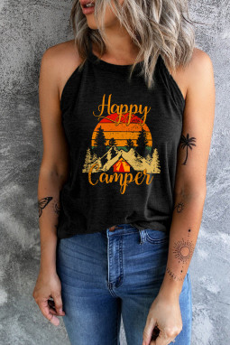 黑色 Happy Camper 图案印花拼色修身背心