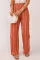 橙色条纹平行绉缝高腰直筒裤