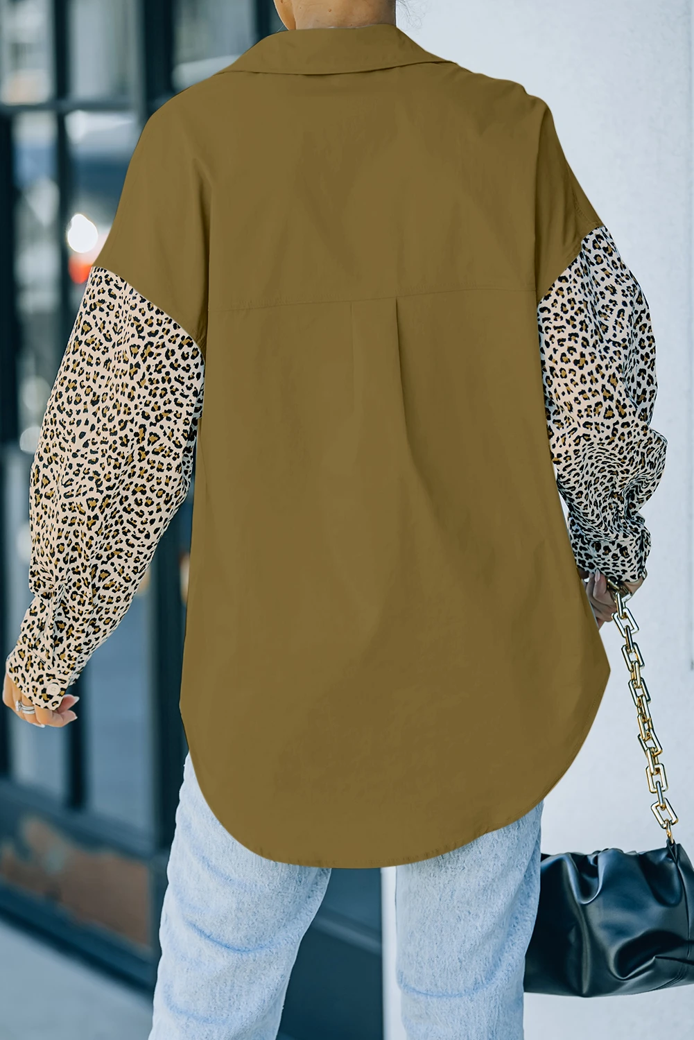 豹纹拼接口袋落肩高低摆长袖衬衫 LC2552147