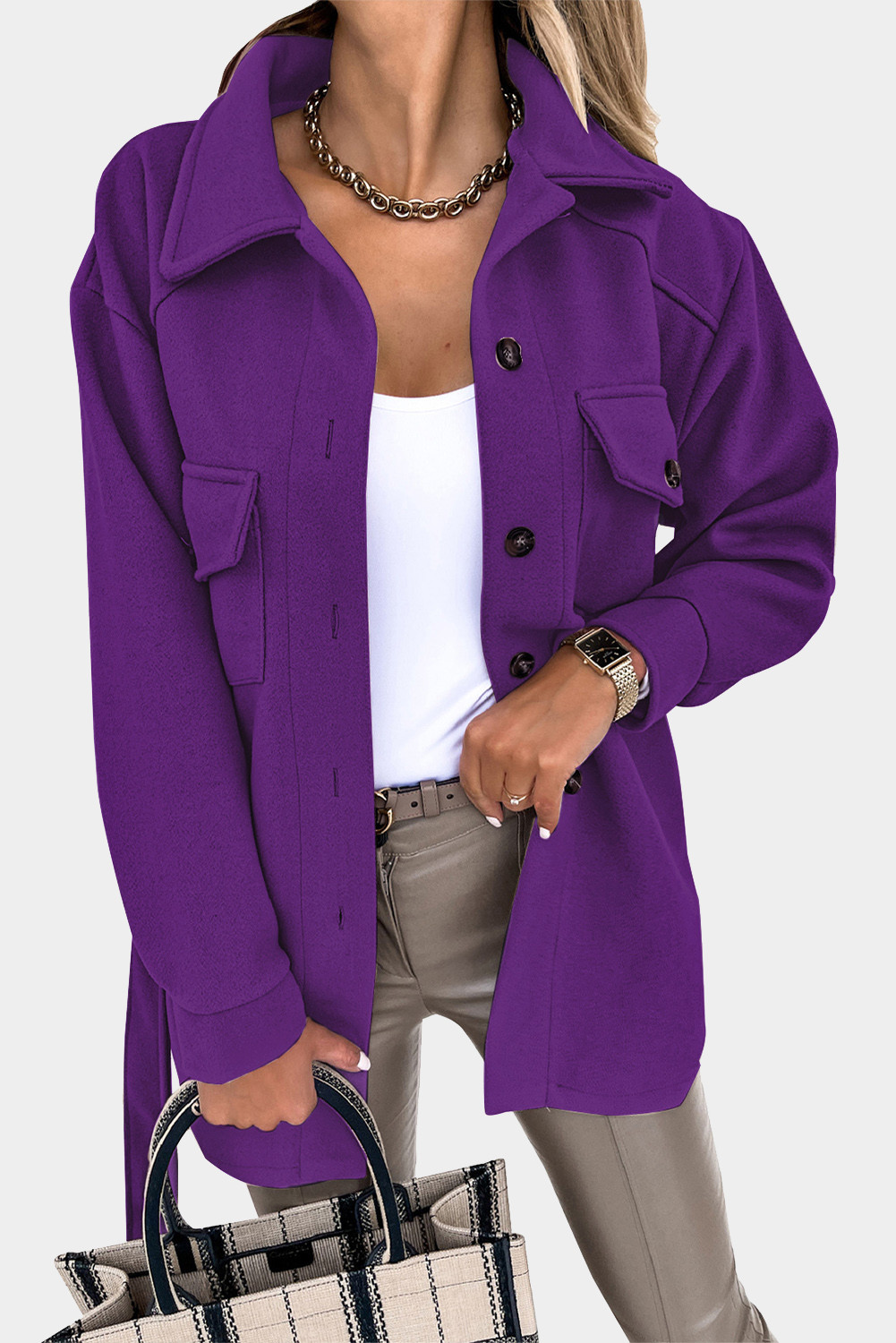 紫色时尚休闲胸袋翻领系扣女士大衣外套 LC8511359