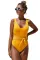 黄色汤匙领系带腰部罗纹女装连体泳装