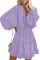 紫色波浪条纹纹理气球袖可爱飘逸分层连衣短裙