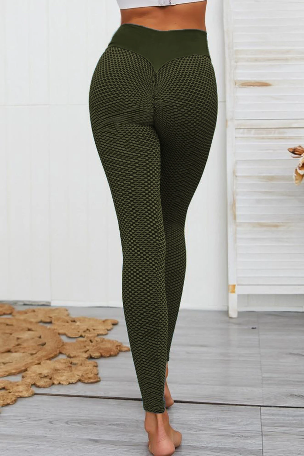 深绿色纹理高腰提臀瑜伽健身运动紧身裤 LC263637