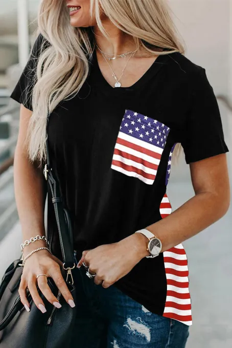 美国国旗星条纹拼接口袋黑色休闲短袖上衣