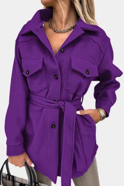 紫色时尚休闲胸袋翻领系扣女士大衣外套