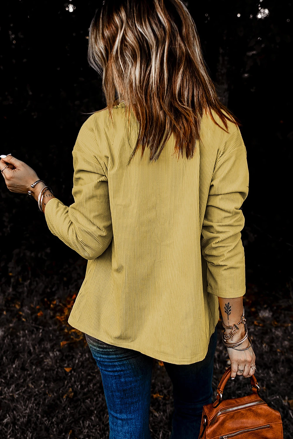 深黄色时尚口袋纽扣罗纹纹理女士衬衫式外套 LC8511383