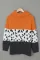 橙色高领斑纹印花拼色针织长袖套头毛衣