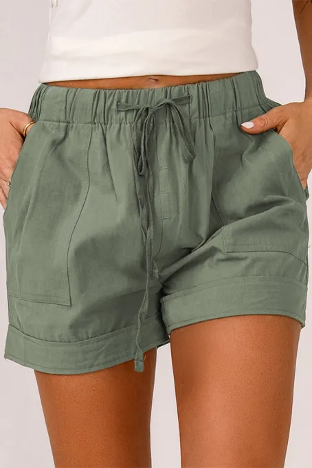 绿色夏季舒适口袋女士休闲抽绳短裤