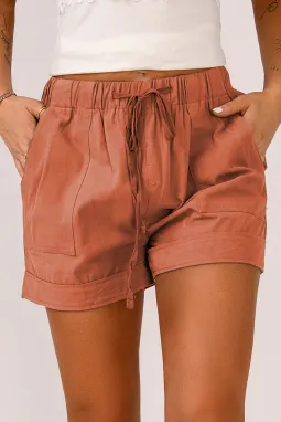 橙色夏季舒适口袋女士休闲抽绳短裤