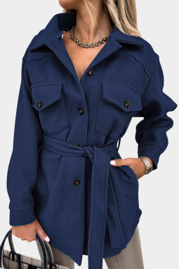 蓝色时尚休闲胸袋翻领系扣女士大衣外套