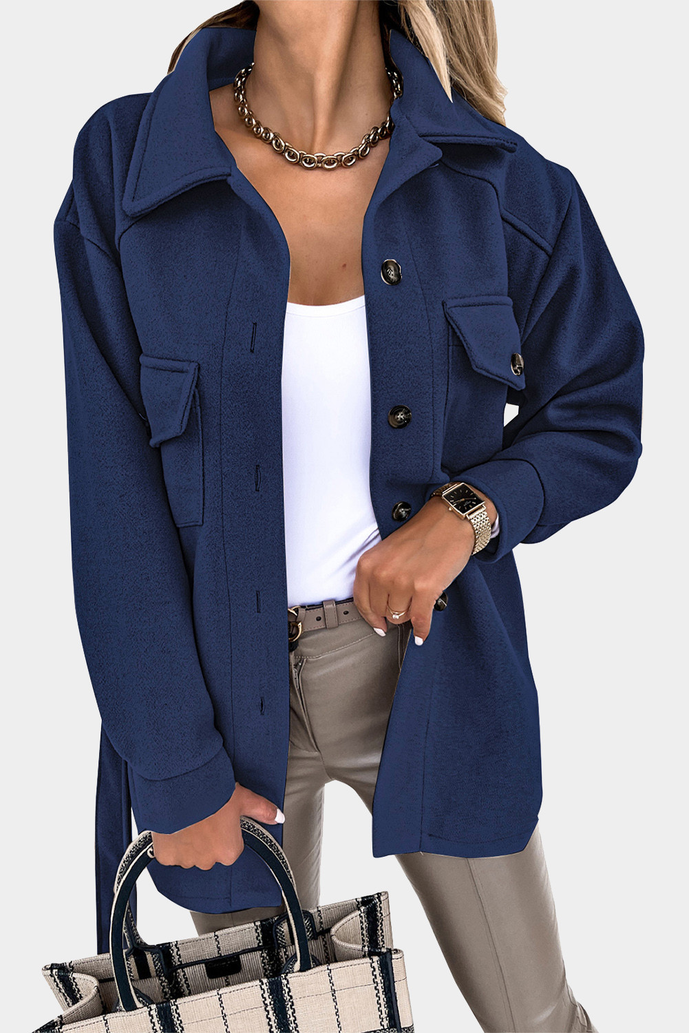 蓝色时尚休闲胸袋翻领系扣女士大衣外套 LC8511359