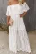 白色优雅一字领蕾丝覆层迷人飘逸长裙礼服