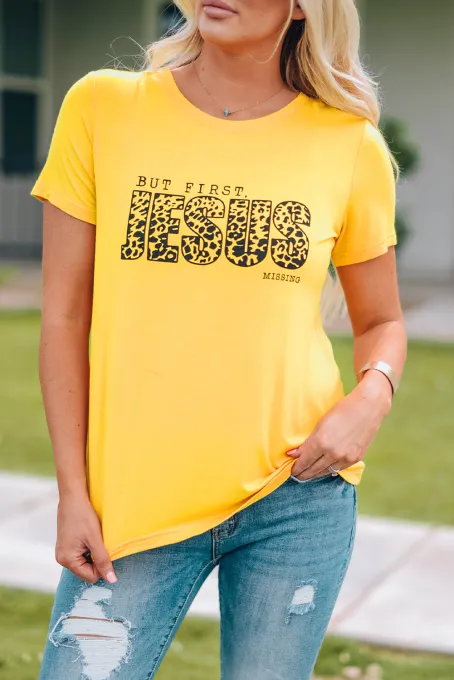 黄色休闲豹纹字母透气舒适圆领短袖T恤衫