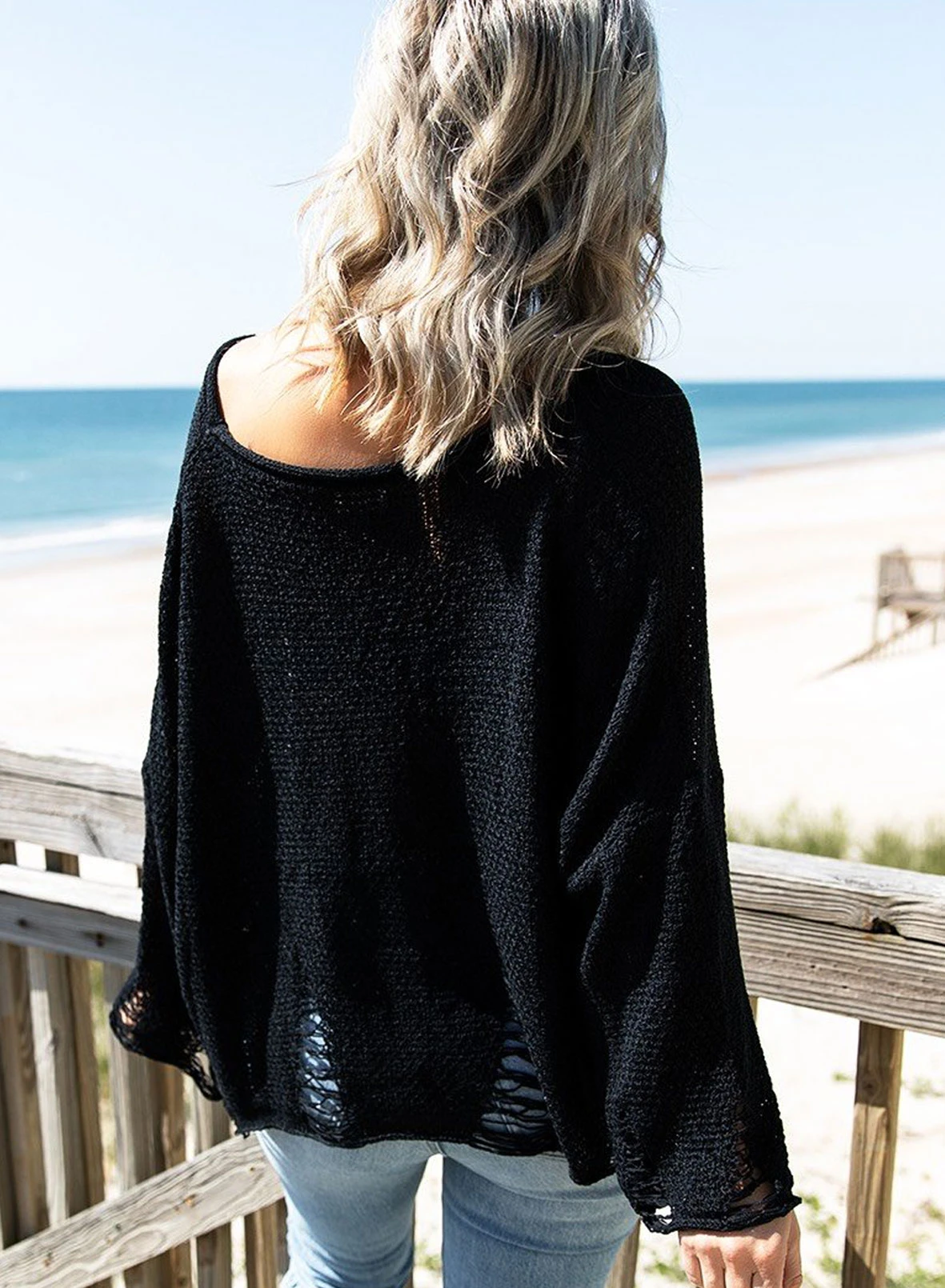 黑色做旧宽松版型轻薄舒适针织毛衣 LC2721130