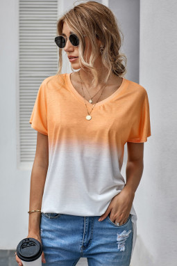 橙色白色渐变色块休闲夏季T恤上衣