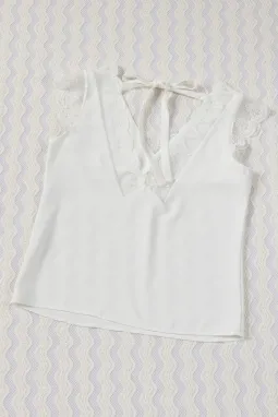 白色蕾丝拼布系带露背 V 领衬衫