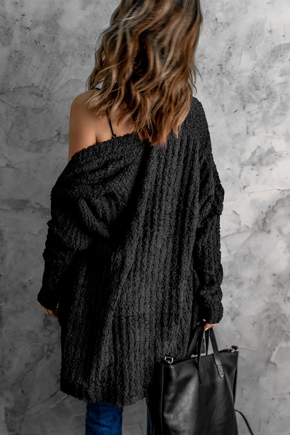 黑色时尚舒适暖和侧袋中长款毛衣开衫 LC27866