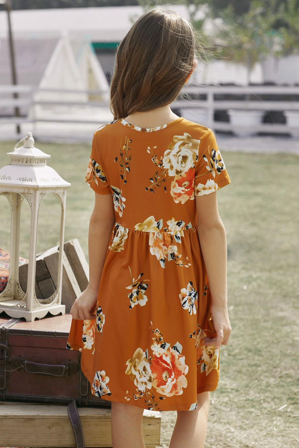 橙色宽松短袖口袋可爱波西米亚印花儿童连衣裙 TZ61103