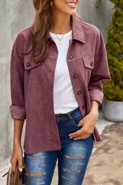 暗紫红色时尚经典灯芯绒长袖系扣衬衫外套
