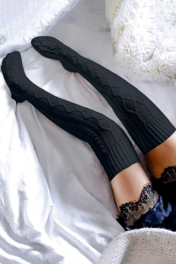 黑色可爱舒适纹理针织过膝长袜