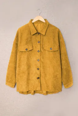 深黄色时尚经典灯芯绒长袖系扣衬衫外套