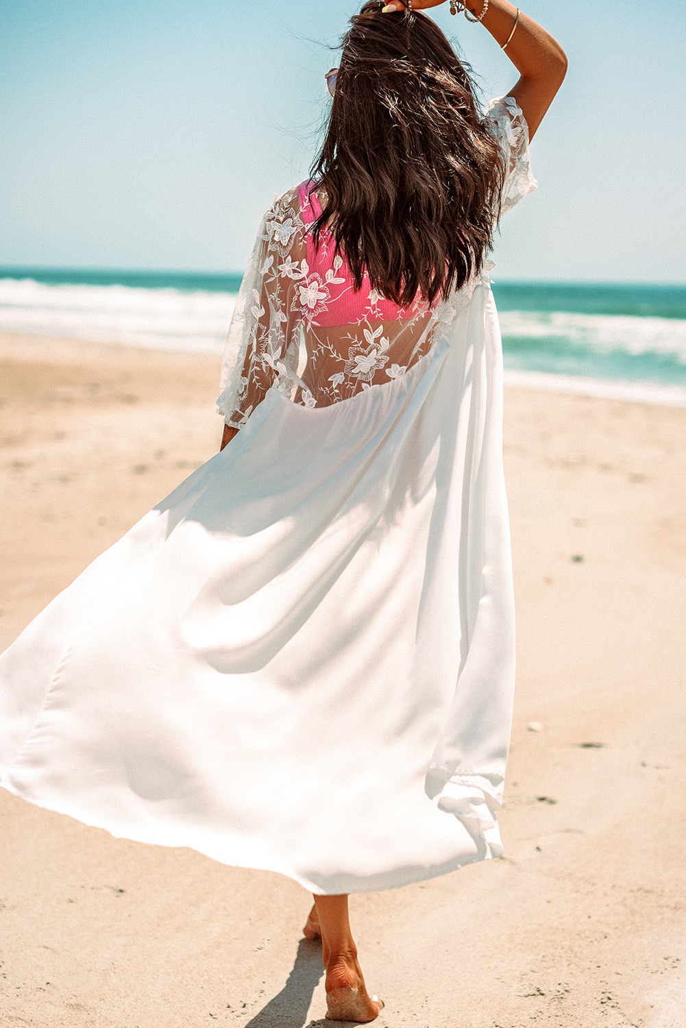 白色花卉网眼蕾丝钩针沙滩度假开襟和服罩衫 LC2541187