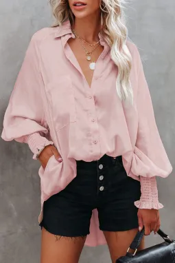 粉色优雅百搭舒适泡泡长袖口袋衬衫