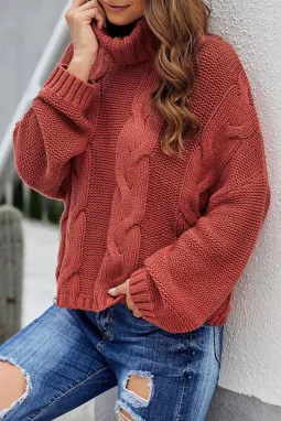 红色舒适针织厚实时尚高翻领毛衣