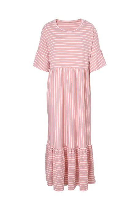 粉色条纹圆领荷叶边短袖舒适加大码连衣长裙