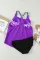 紫色度假植物印花网纱拼接背心式保守泳装两件套
