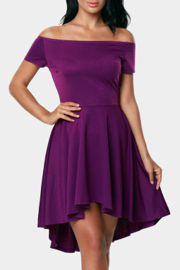 紫色性感一字领短袖前短后长迷你连衣裙
