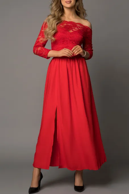 红色优雅露肩蕾丝紧身胸衣高腰长裙晚礼服