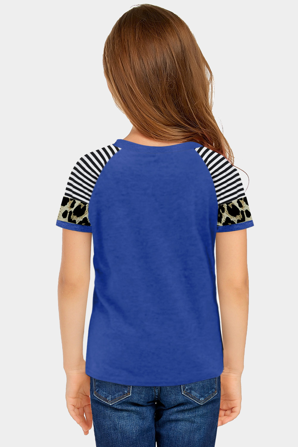 蓝色女孩条纹豹纹袖 T 恤 TZ25231