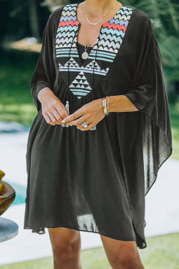 黑色 Tribal 刺绣流苏超大款沙滩罩衫