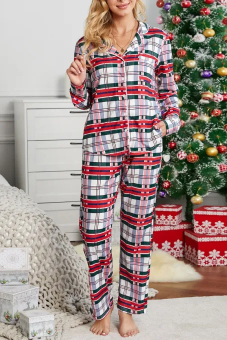 圣诞格子纽扣衬衫宽松长裤舒适睡衣套装