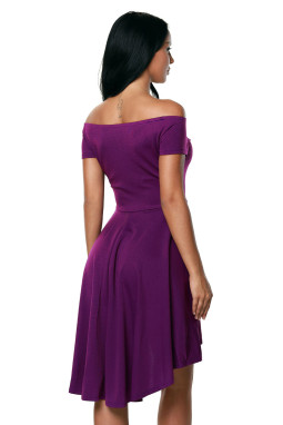 紫色性感一字领短袖前短后长迷你连衣裙