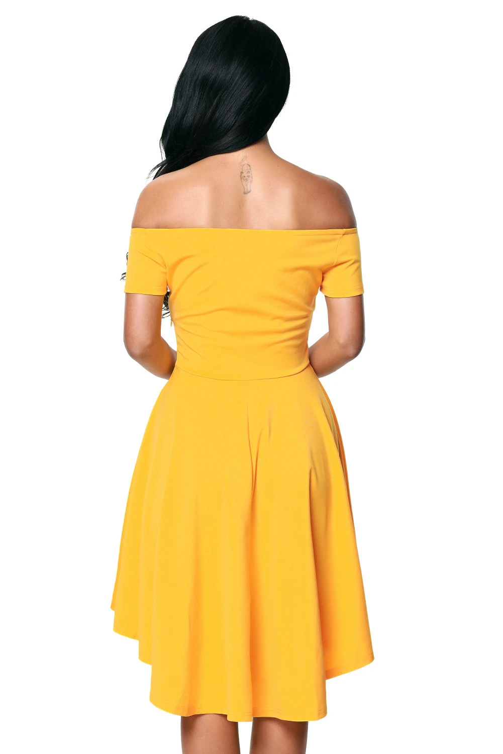 黄色性感一字领短袖前短后长迷你连衣裙 LC61346
