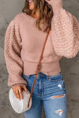 粉色纹理泡泡袖针织毛衣