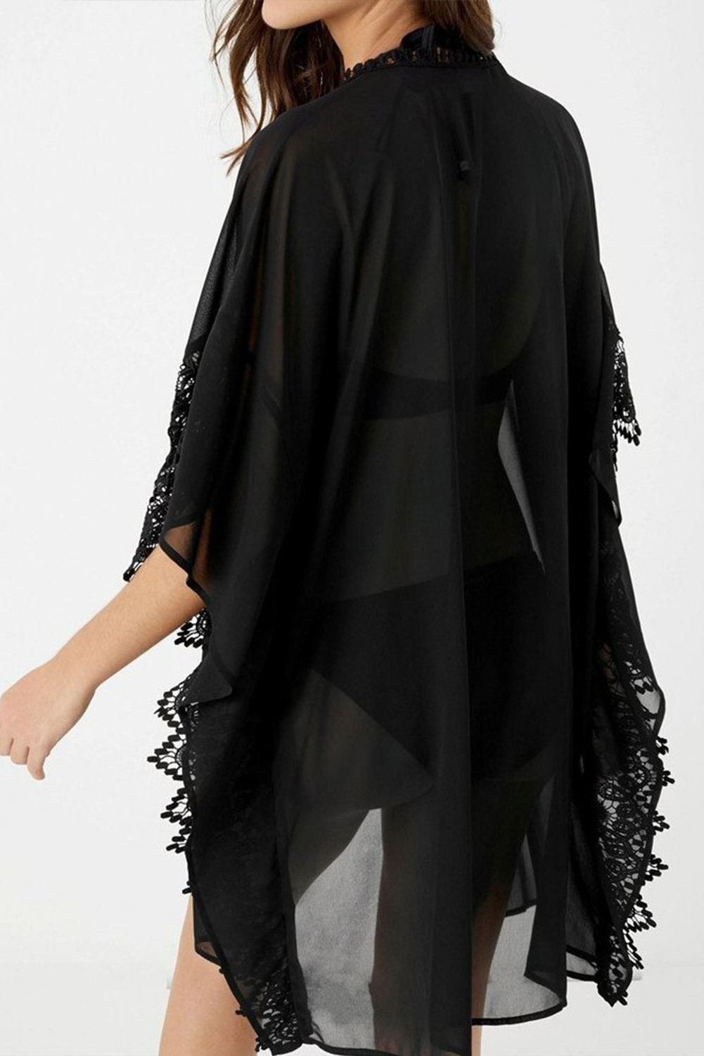 黑色蕾丝拼布绒球饰边系带开襟和服 LC2541267